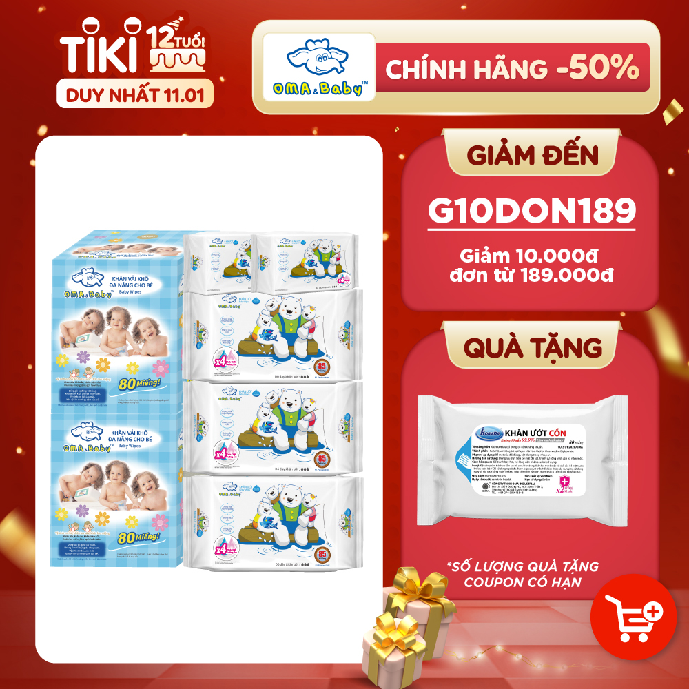 Combo thùng mini 2 hộp khăn vải khô đa năng cho bé và 5 Gói Khăn ướt làm sạch tinh khiết dành cho bé Oma&amp;Baby với công thức Chlorhexidine Digluconate kháng khuẩn an toàn, dịu nhẹ trong khăn ( 85 tờ*3 + 25 tờ*2)