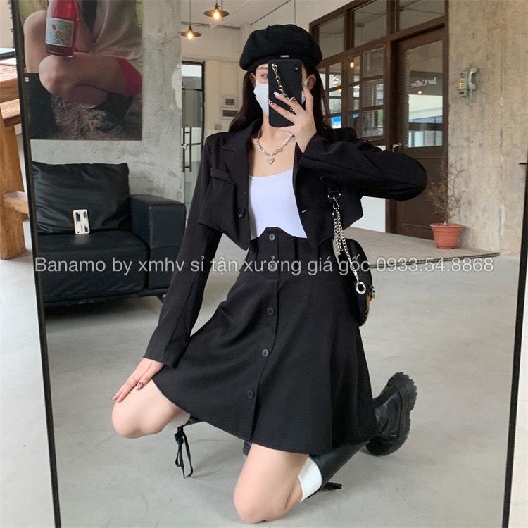 Chân váy xòe cạp cao phối nhung cúc dọc có BIGSIZE thời trang Banamo Fashion 5323