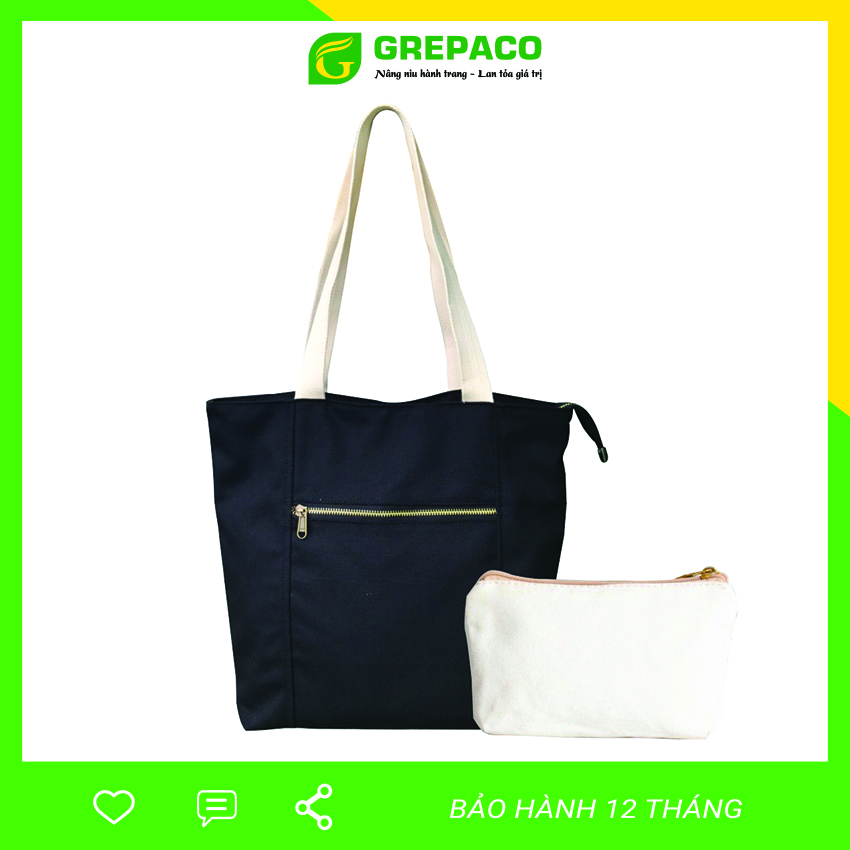 Túi Tote Xách Nữ Grepaco Vải Bố Canvas Cao Cấp Màu Đen Đẹp Đeo Chéo Vai Có Khóa Kéo Nhiều Ngăn Dùng Đi Học, Làm Công Sở, Du Lịch Phong Cách Thời Trang Hàn Quốc - Tặng Túi Đựng Mỹ Phẩm