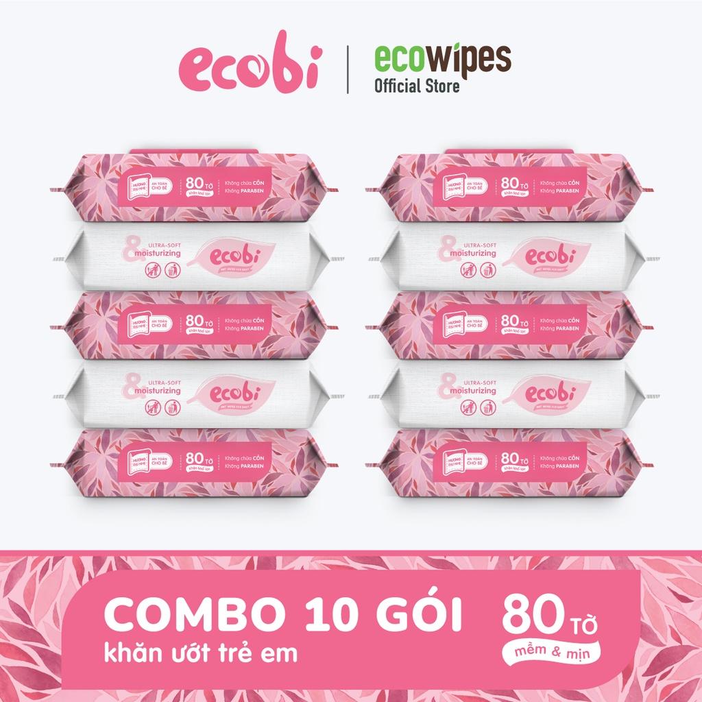 Combo 10 gói khăn giấy ướt cho bé Ecowipes Ecobi gói 80 tờ Hương Dịu Nhẹ không cồn không paraben an toàn cho da của bé