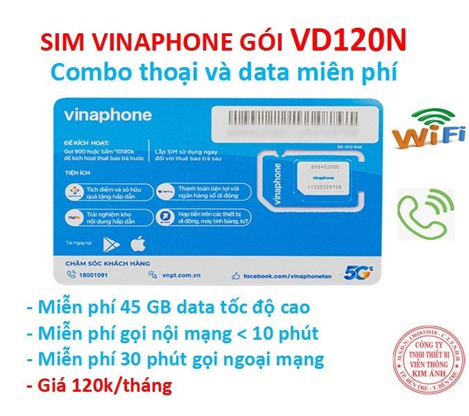 Sim nghe gọi 4G Vinaphone gói VD120N ưu đãi 45GB + miễn phí gọi chỉ 120k/ tháng, Hàng chính hãng