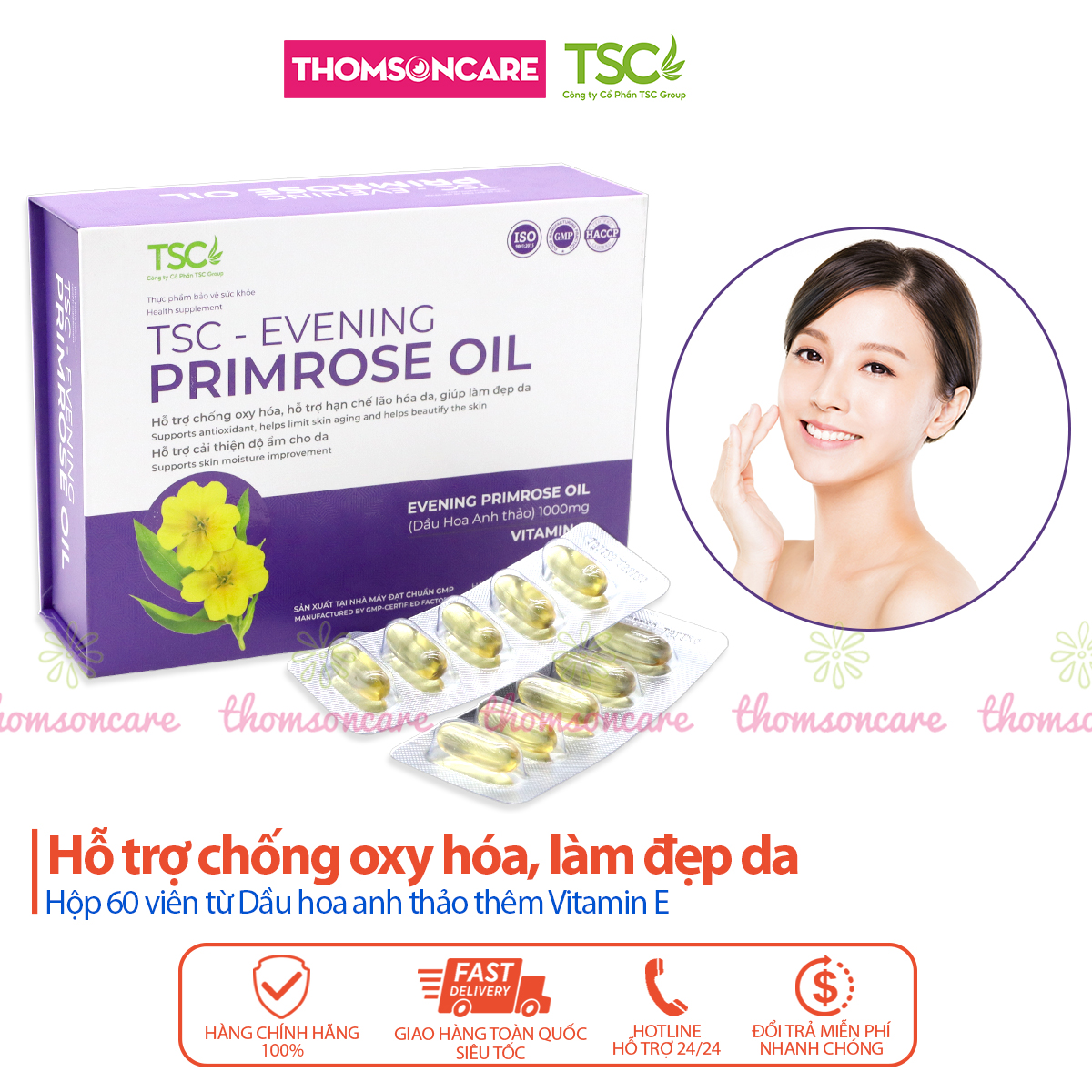 Viên uống tinh dầu Hoa Anh Thảo TSC Group- Giúp chống oxy hóa, hạn chế lão hóa da, giúp làm đẹp da, hỗ trợ cải thiện cấp ẩm cho da từ tinh dầu hoa anh thảo