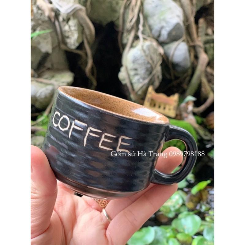 set cốc đĩa cafe nóng gốm sứ Bát Tràng cao cấp không chì men đen lòng nâu khắc chữ coffee