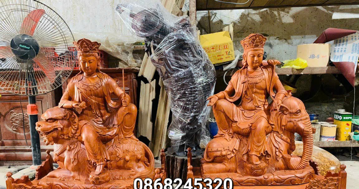 Cặp tượng văn thù _phổ hiền bồ tát bằng gỗ hương đá kt 40×30×16cm