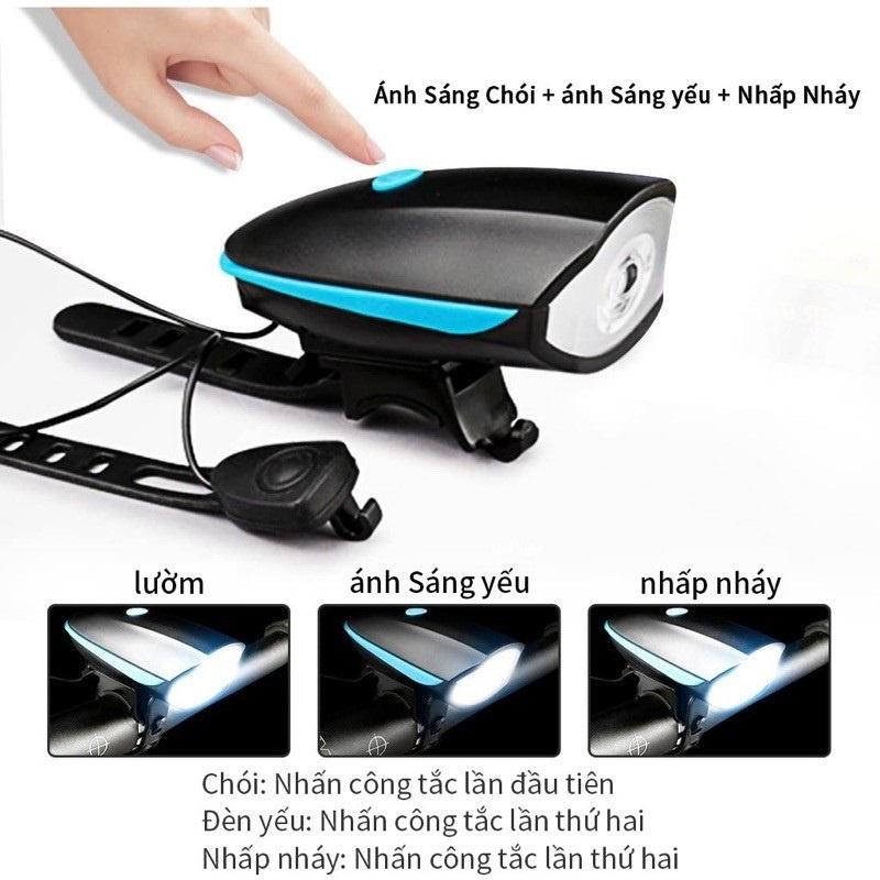 Đèn Xe Đạp Chống Nước, Đèn Led Kèm Chuông To Xe Đạp 3 Chế Độ Tặng Kèm Dây Sạc Usb