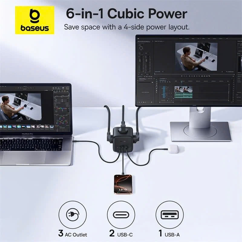 Bộ Sạc Nhanh 3AC+1U+1C Baseus EnerFill FA11 Cube Power Strip 67W (Tích Hợp Dây Nguồn Nối Dài 1.5m Chân EU) [ HÀNG CHÍNH HÃNG ]