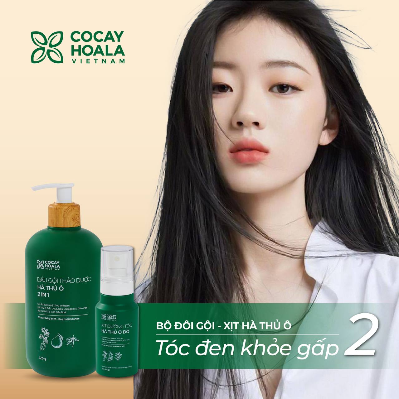 Dầu Gội Xả 2in1 Hà Thủ Ô COCAYHOALA VIETNAM - Dưỡng tóc đen mượt, bóng khỏe, Dung tích 420g/chai