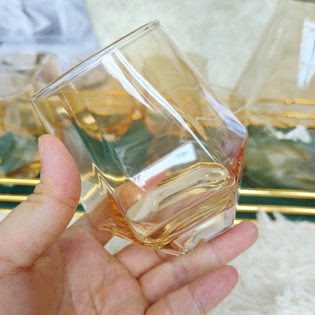 Bộ Bình thủy tinh chịu nhiệt mẫu kim cương tuyệt đẹp và 6 cốc siêu dầy cường lực Màu Vàng sang trọng