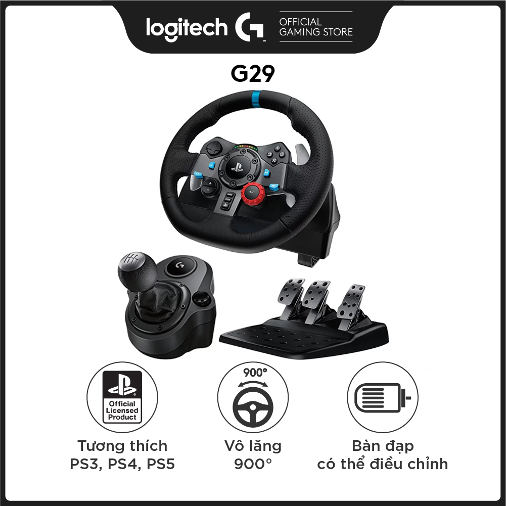 Bộ full Vô lăng đua xe Logitech G29 Driving Force và bàn đạp thép không gỉ kèm cần số, tay lái bọc da thủ công, phù hợp PS5, PS4, PC, Mac - Hàng chính hãng