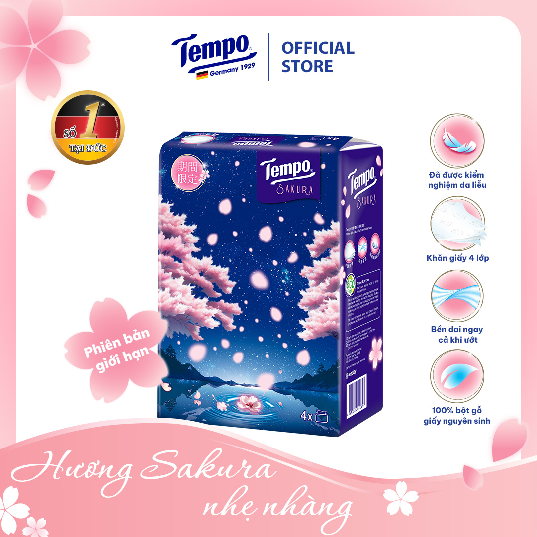 Khăn Giấy Rút Cao cấp Tempo Hương Sakura - 4 Lớp Bền Dai, An Toàn Cho Da - Thương Hiệu Đức (Lốc 4 Gói)