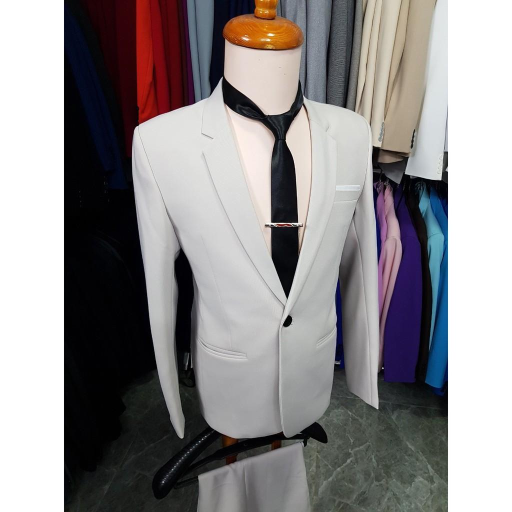 Bộ vest nam ôm body màu nude chất vải dày mịn co giãn tặng cà vạt kẹp