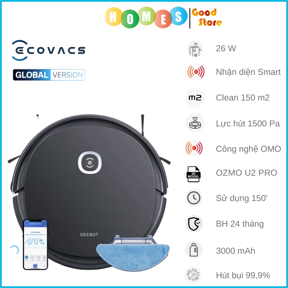 Robot Hút Bụi Lau Nhà ECOVACS Deebot U2 PRO - Bản Quốc Tế Kết Nối App Công nghệ OZMO 2.0 Và Khử Mùi Lực Hút 1500 Pa, Phù Hợp Diện Tích 150m2, Công Suất 26W - Hàng Chính Hãng