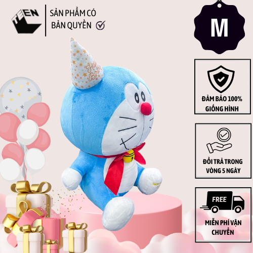 Gấu bông Doraemon lớn, Thú bông Doraemon phiên bản sinh nhật Size M, Quà tặng sinh nhật đáng yêu cho bé, Gấu bông mền mại 33cm - Sản Phẩm Có Bản Quyền, Phân Phối Bởi Teenbox