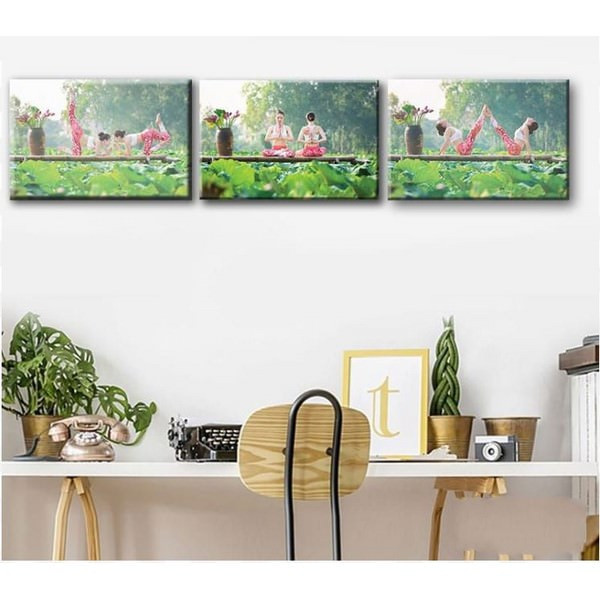Bộ 3 Tranh Canvas Viền Composite Trang Trí Phòng Yoga "Yoga Giữa Hồ Sen" W052