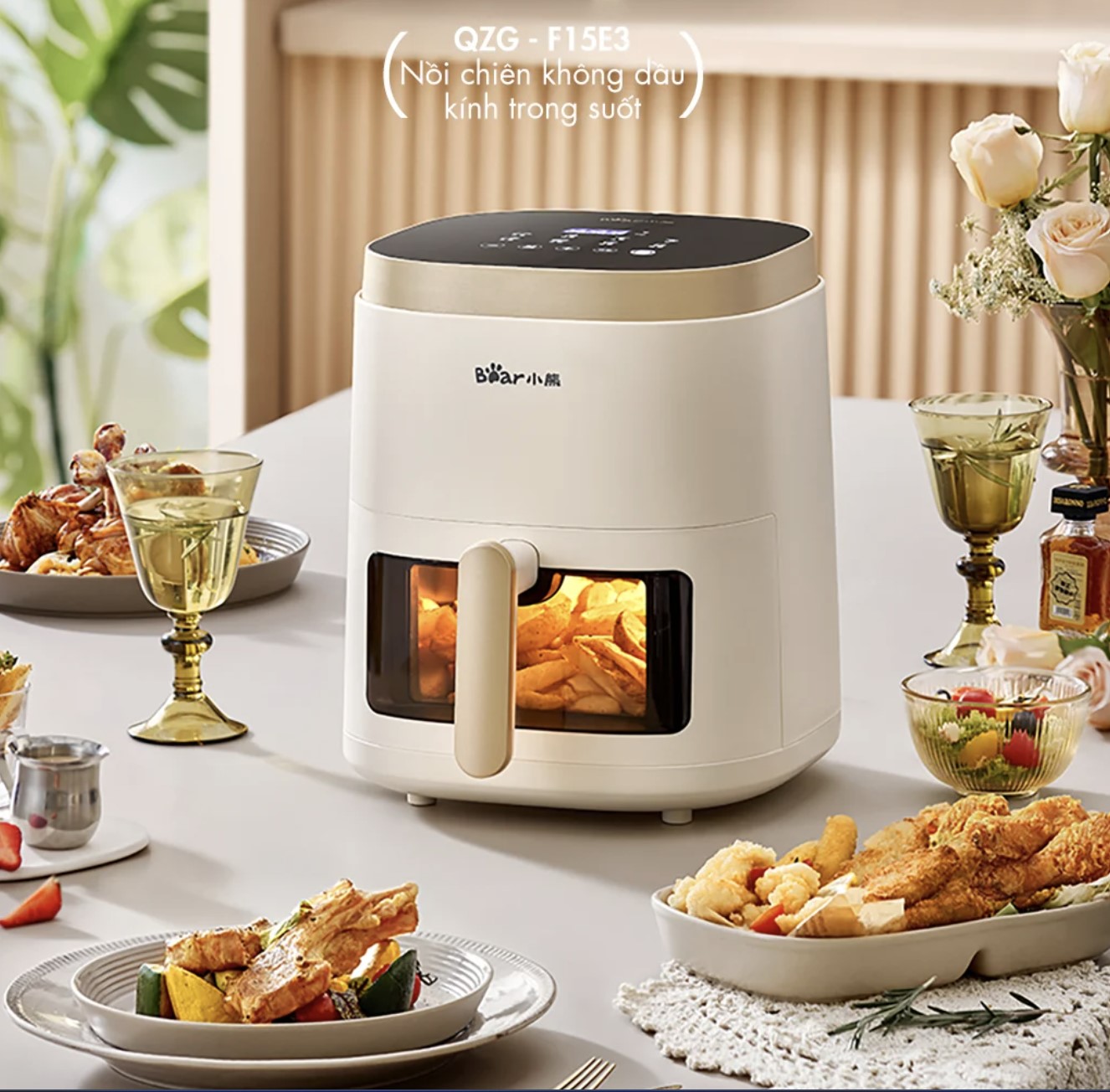 Nồi Chiên Không Dầu Bear QZG-F15E3 Cách Nhiệt Giảm Độ Ồn, Nhiệt Độ Từ 80-200 Độ C Dung Tích 5 Lít Công Suất 1500 W - Hàng Chính Hãng