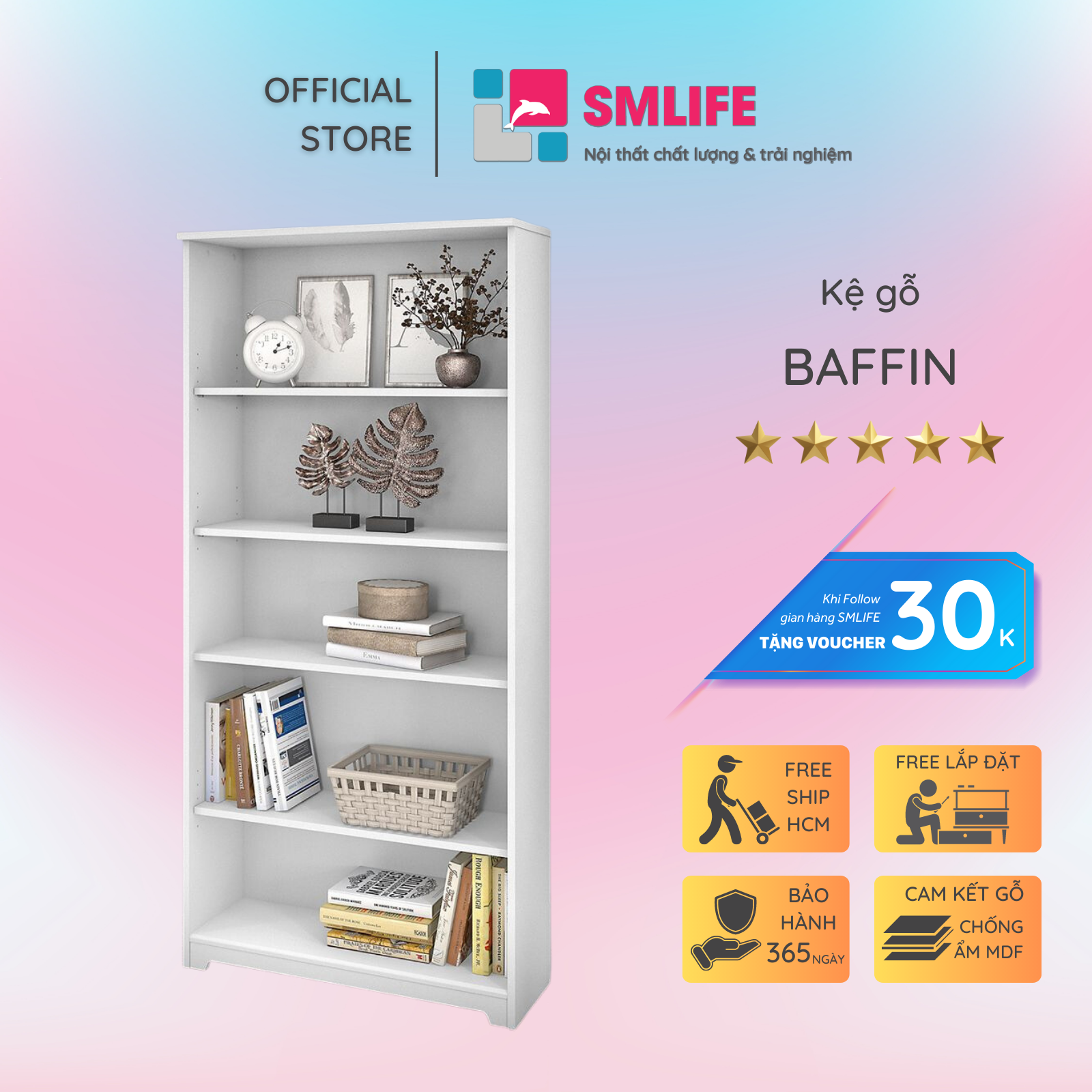 Kệ sách, kệ trang trí gỗ hiện đại SMLIFE Baffin | Gỗ MDF dày 17mm chống ẩm | D80xR28xC180cm