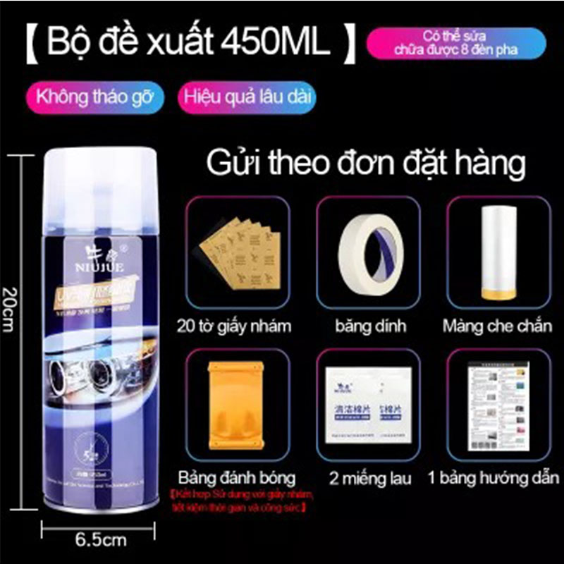 Bình Xịt Đánh Bóng Và Phục Hồi Đèn Pha Ôtô HongNghi 450ml, Phục Hồi Nguyên Trạng Trong Suốt, Vệ Sinh, Dưỡng Sáng Đèn Pha ô tô