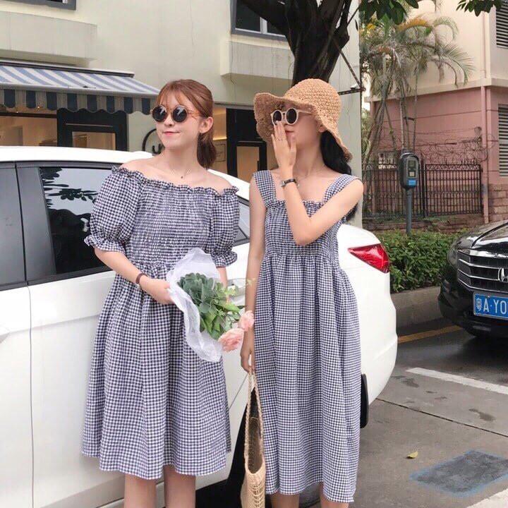 Đầm caro trễ vai tay bồng + Đầm caro 2 dây siêu xinh nhẹ nhàng xuống phố