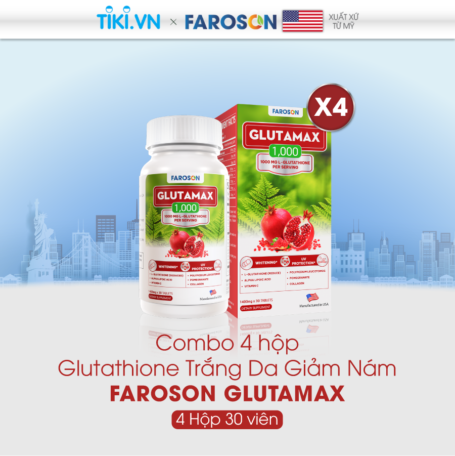 Combo 4 hộp Viên Uống Trắng Da Glutathione Giảm Nám Chống Nắng Faroson Glutamax 4 x 30 viên