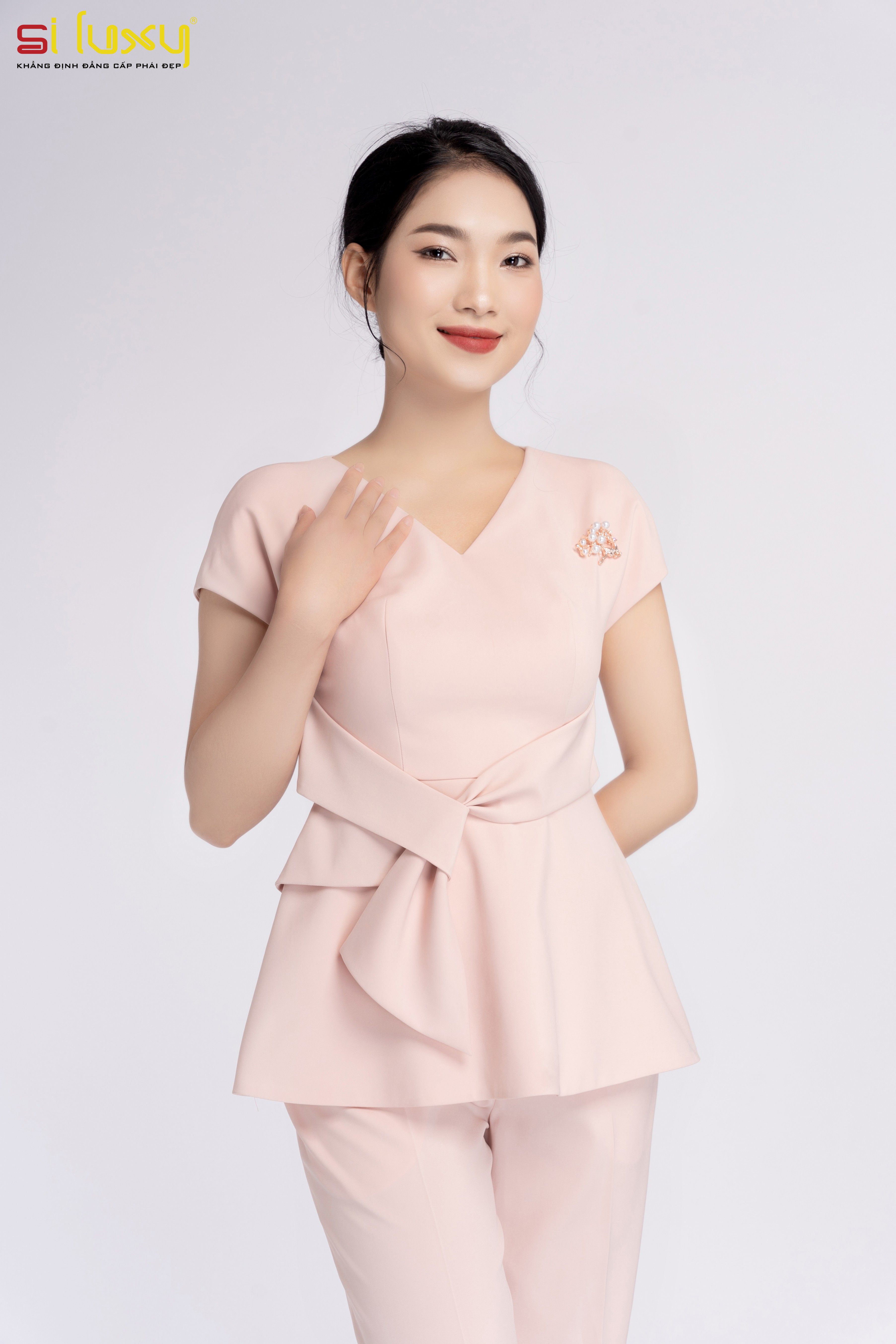 Set đồ công sở hồng nữ Siluxy Thiết Kế Cao Cấp Giới Hạn Số Lượng sang trọng nơ eo trang trí tôn dáng H3-34