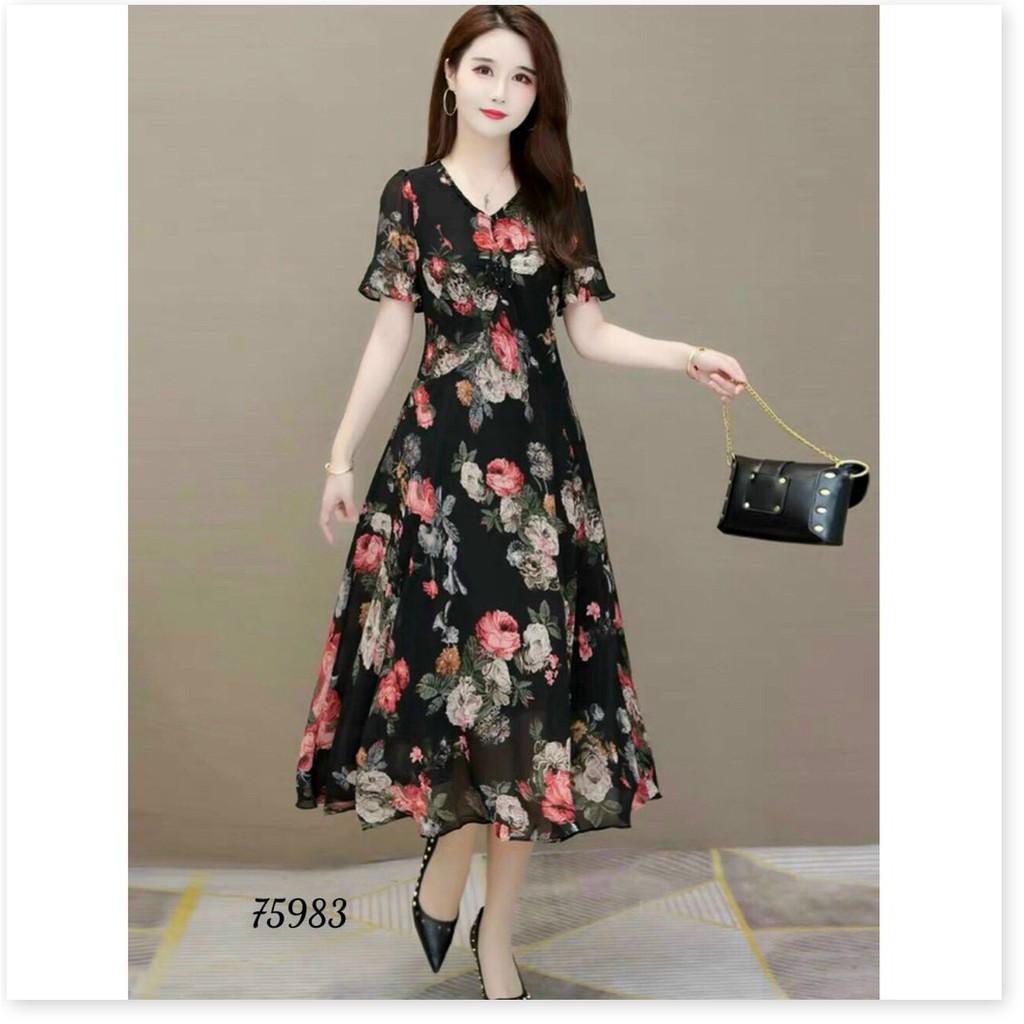 ĐẦM LỤA DÁNG XÒE HỌA TIẾT HOA VÔ CÙNG XINH THỜI TRANG MỚI KME