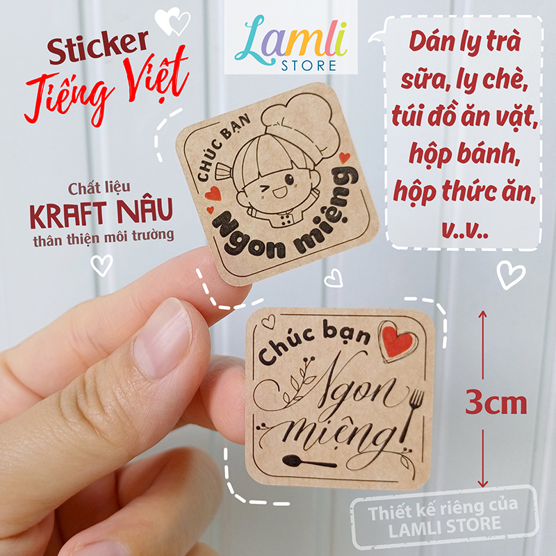 [In sẵn] 89 Tem nhãn dán Chúc Bạn Ngon Miệng | Sticker tiếng Việt | Chất liệu: Decal Kraft nâu | Kt: 3cm