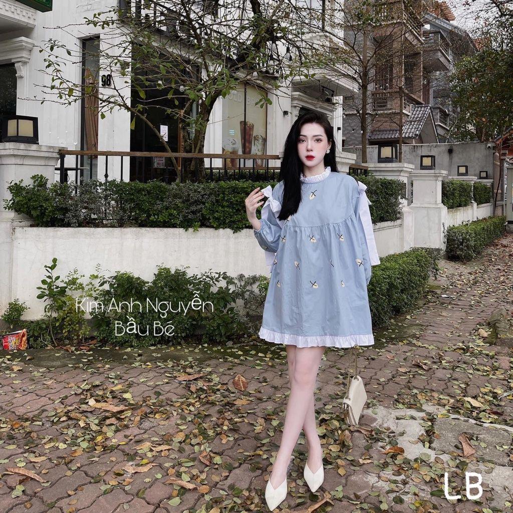 Đầm nữ Babydoll Xanh Vai Nơ Dài Tay Phối Viền Mặc đi làm du lịch đi chơi Q093