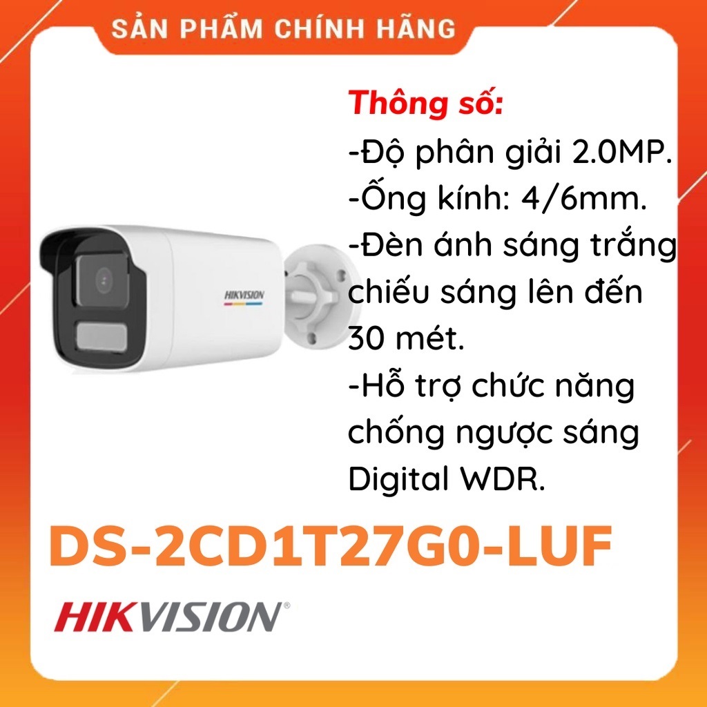 Camera hình trụ IP ColorVu 2MP - Có màu 24/24 Tích Hợp Mic HIKVISION DS-2CD1T27G0-LUF - Hàng Chính Hãng