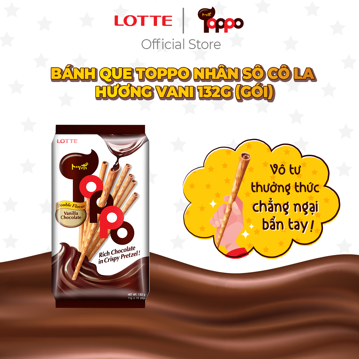 Bánh que Toppo nhân sô cô la hương Vani 132 g (gói)