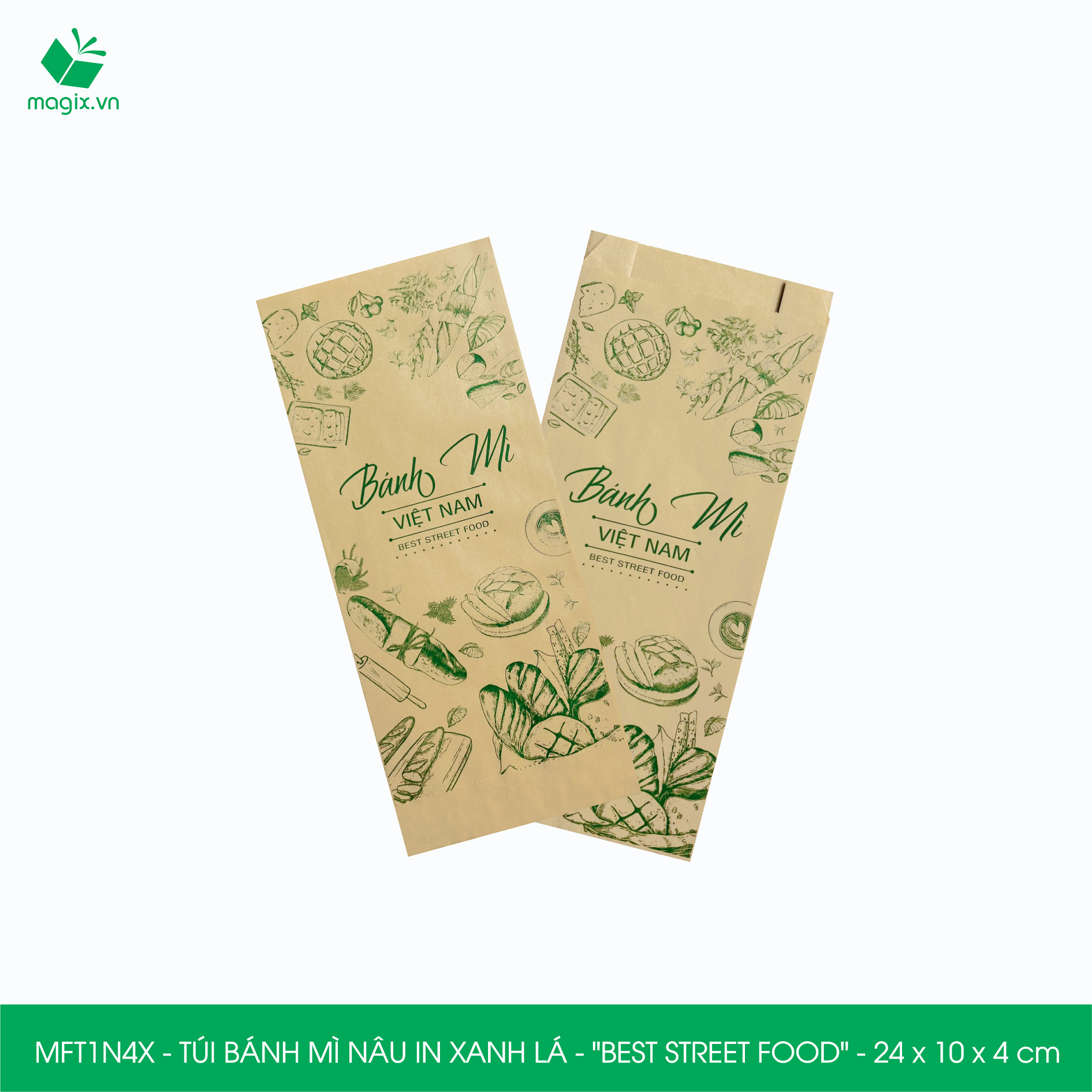 MFT1N4X - 24x10x4 cm - 200 Túi bánh mì Nâu, in sẵn họa tiết BEST STREET FOOD - Bao bánh mì Túi giấy thực phẩm an toàn