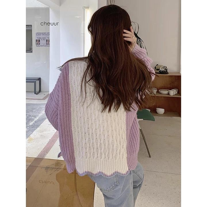 Cardigan Len | Áo Khoác Cardigan Len Nữ Dệt Kim Dày Dặn Phối Trắng Tím Viền Lượn Sóng Ulzzang Hàn Quốc