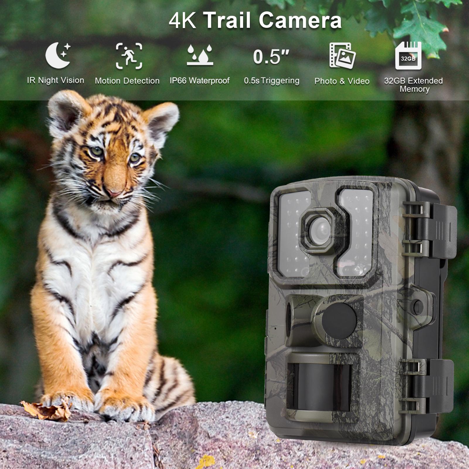 4K Trail Camera 16MP Wildlife Scouting Camera Tracking Camera with 2.0 Inch TFT Color Screen PIR Sensors 0.5s Trigger Time Supports Infrared Night Vision Motion Activated IP66 Waterproof