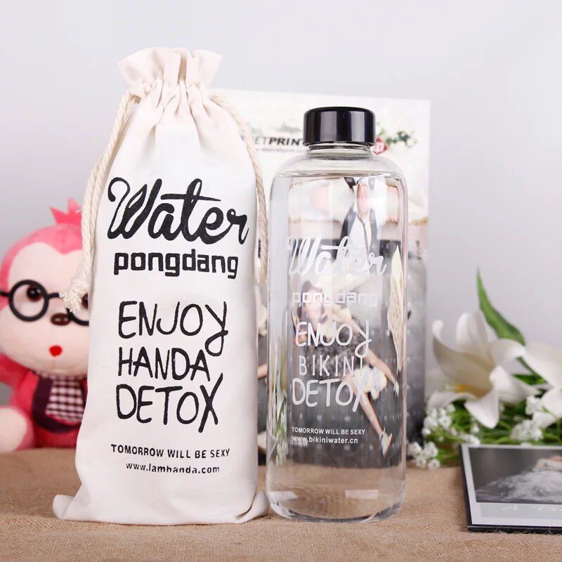 Bình Nước Detox Water Pongdang 1000 ml ( Màu Trong Suốt ) + 1 Túi Vải Ms-5