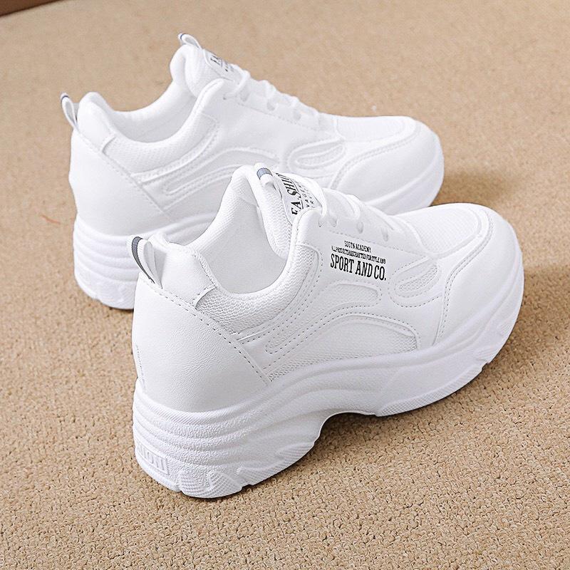 Giày Thể Thao Nữ Độn Đế, Sneaker Tăng Chiều Cao Chất Liệu Da Sang Xịn Mang Êm Chân