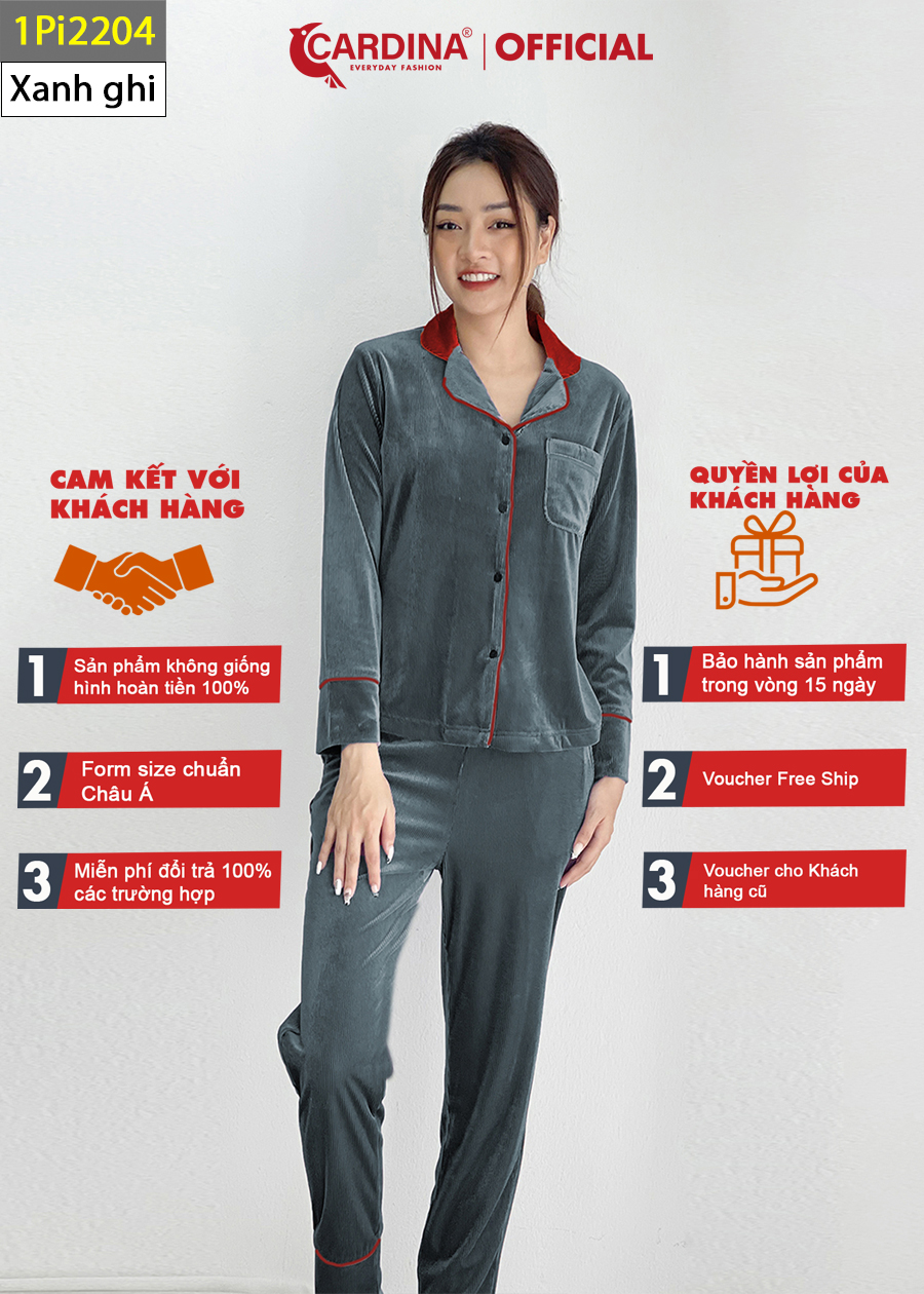 Đồ Bộ Nữ Pijama Chất Nhung Tăm Cao Cấp Áo Dài Tay Phối Cổ Quần Dài Kiểu Dáng Sang Trọng 1Pi22
