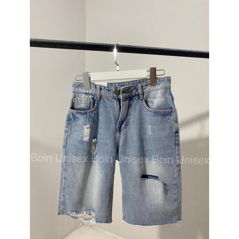 Quần short jean xanh, Quần Bò Lững rách gối Unisex nam nữ_ Hình thật kèm clip