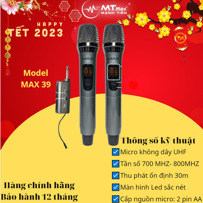 Micro không dây đa năng Max 39, Max 19 - Màn hình LCD hiển thị tần số - phù hợp cho mọi thiết bị - Hàng chính hãng - 2 mic (Max39)