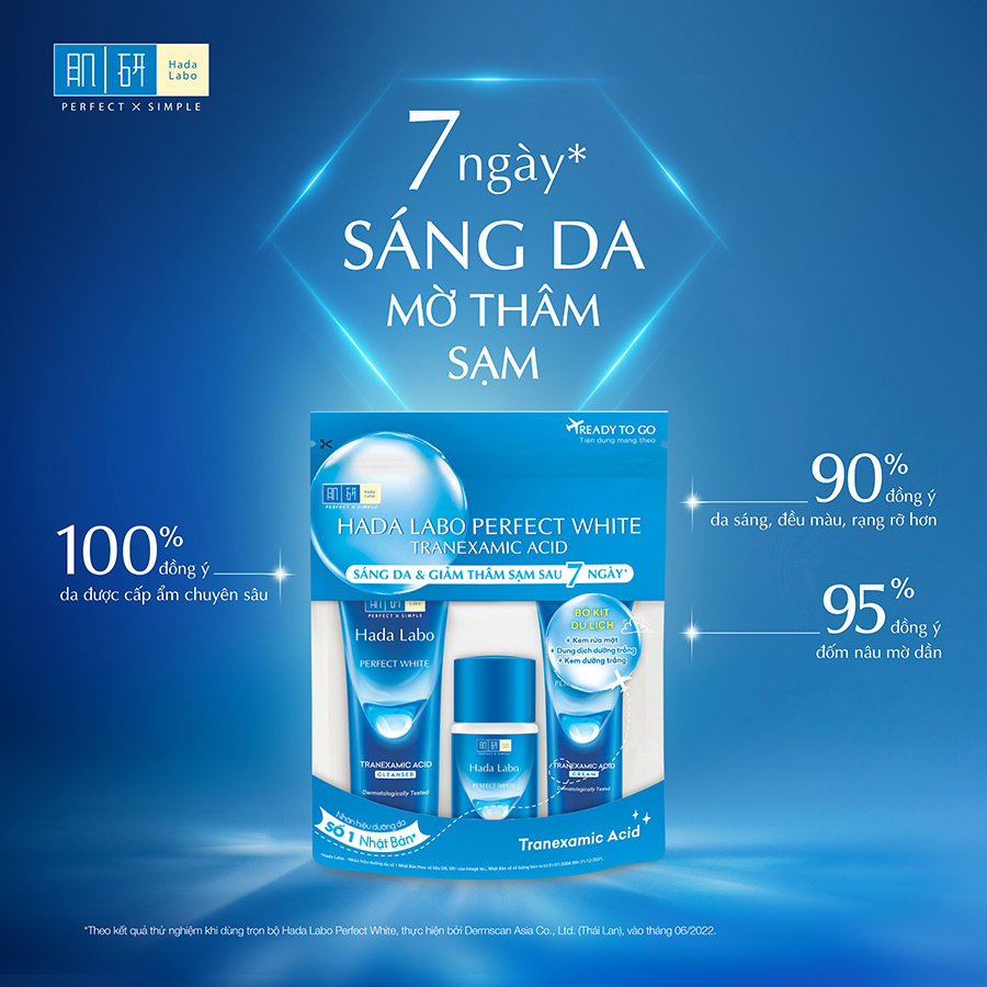 Bộ travel size dưỡng trắng Hada Labo Perfect White Tranexamic Acid Travel Set (Kem rửa mặt 15g+Dung dịch dưỡng 20ml+Kem dưỡng 12g)