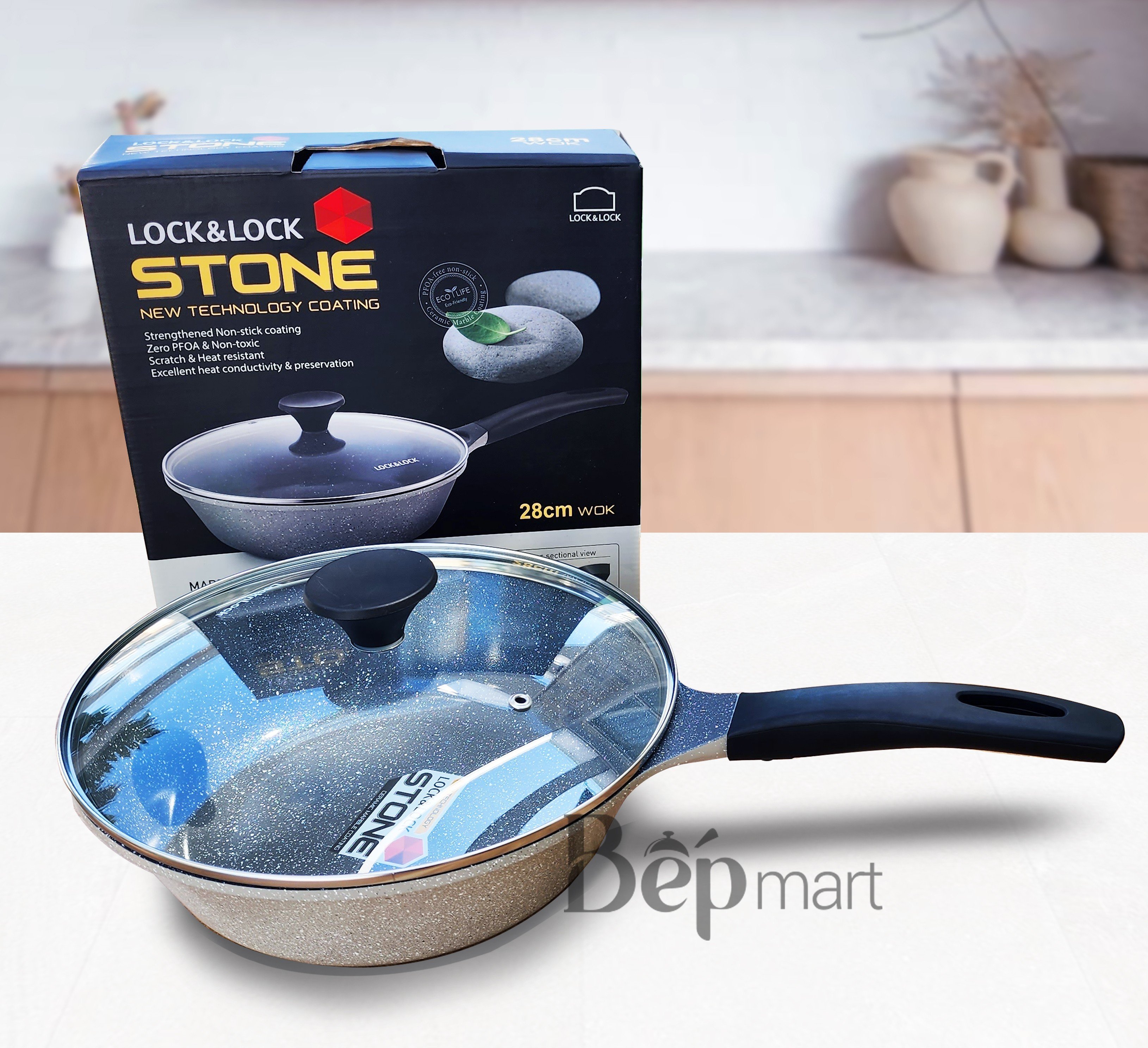 Chảo đá sâu lòng LocknLock Stone size 28-30cm, chống dính, dùng bếp từ