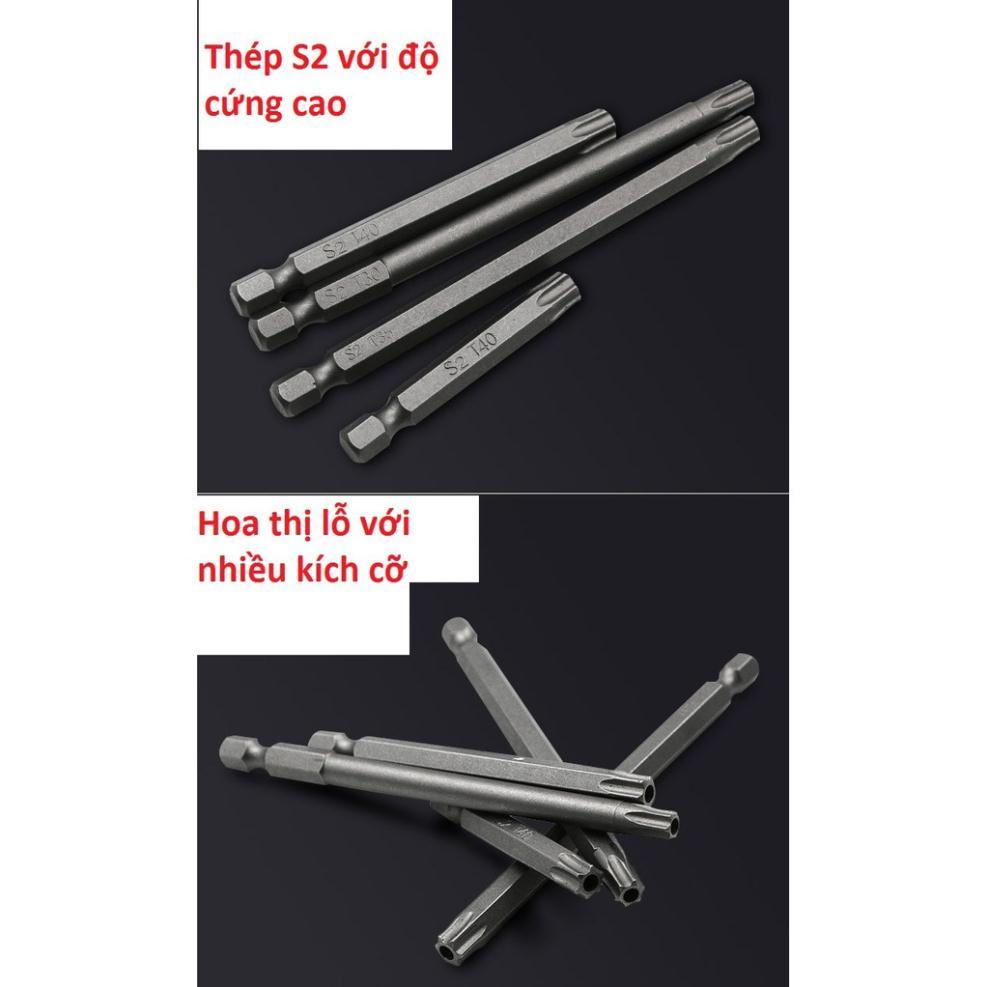 Bộ lục giác hoa thị có lỗ cho khoan dài từ 50-75-100 cho khoan pin và khoan điện chất liệu thép S2 siêu cứng