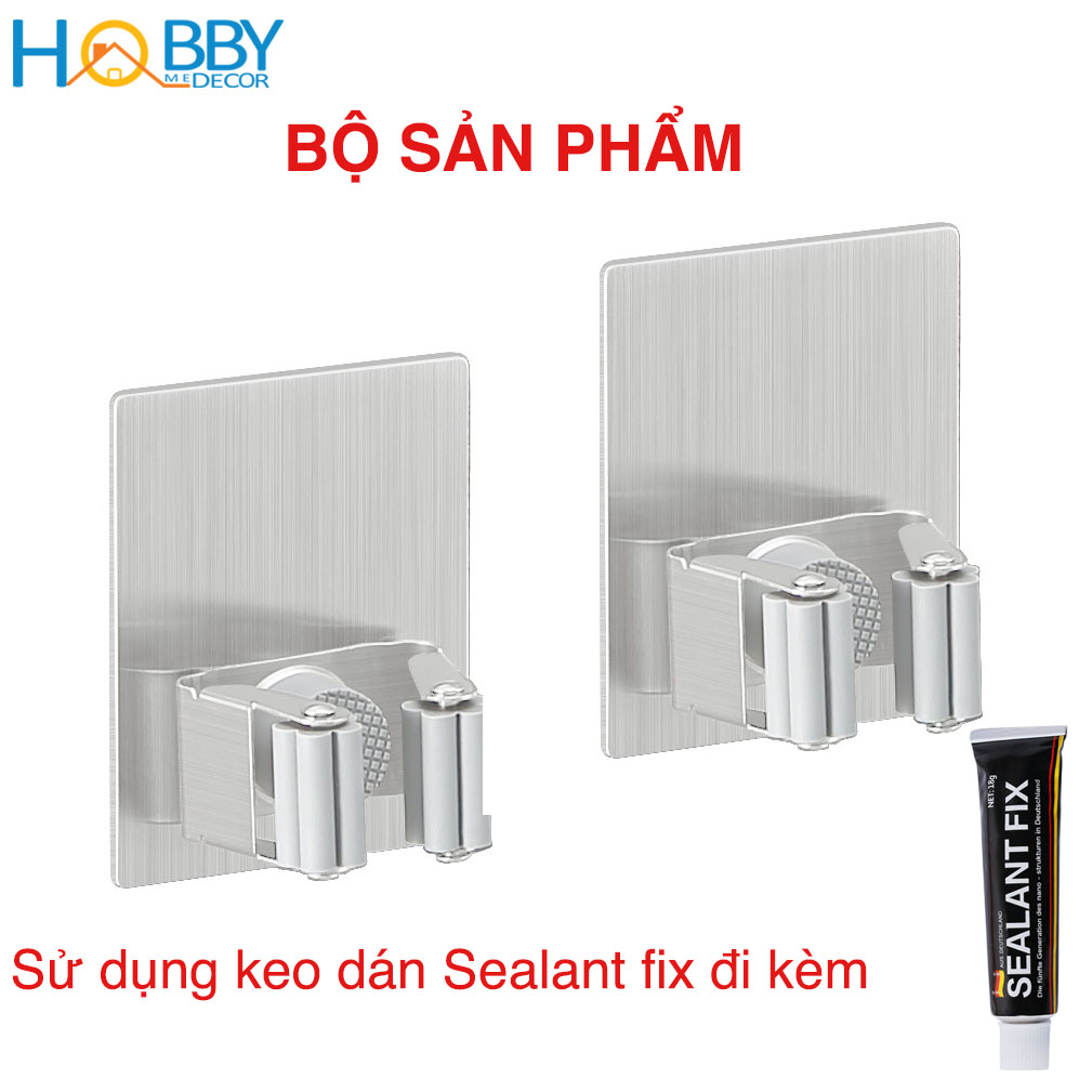 Set 2 móc treo cán chổi Inox SUS304 dán tường gạch men không rỉ sét - mẫu hình vuông đệm cao su kèm sẵn keo dán - HOBBY TCV