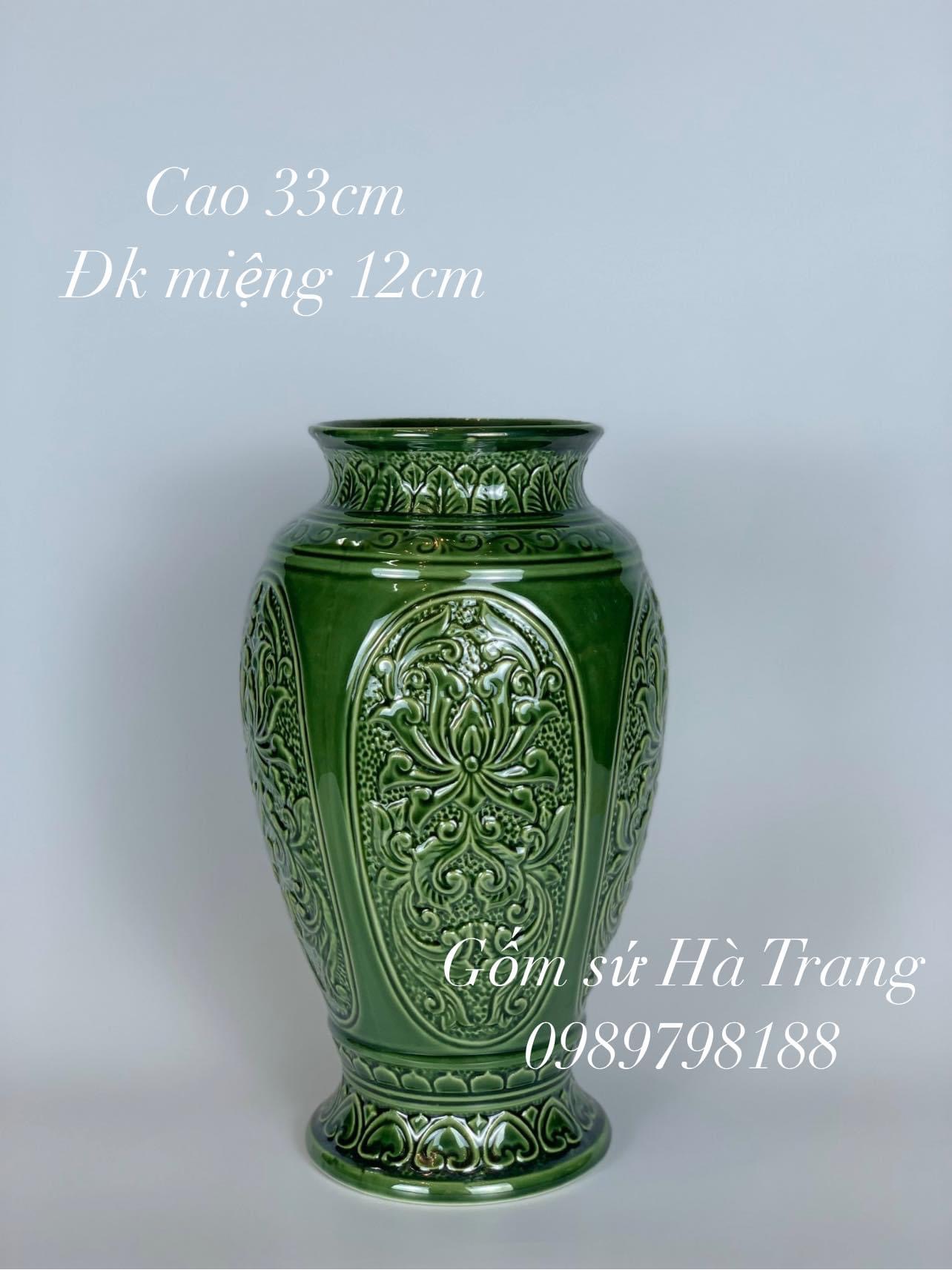 Lọ hoa gốm sứ Bát Tràng cao cấp men lục bảo hoạ tiết nổi cao 33cm