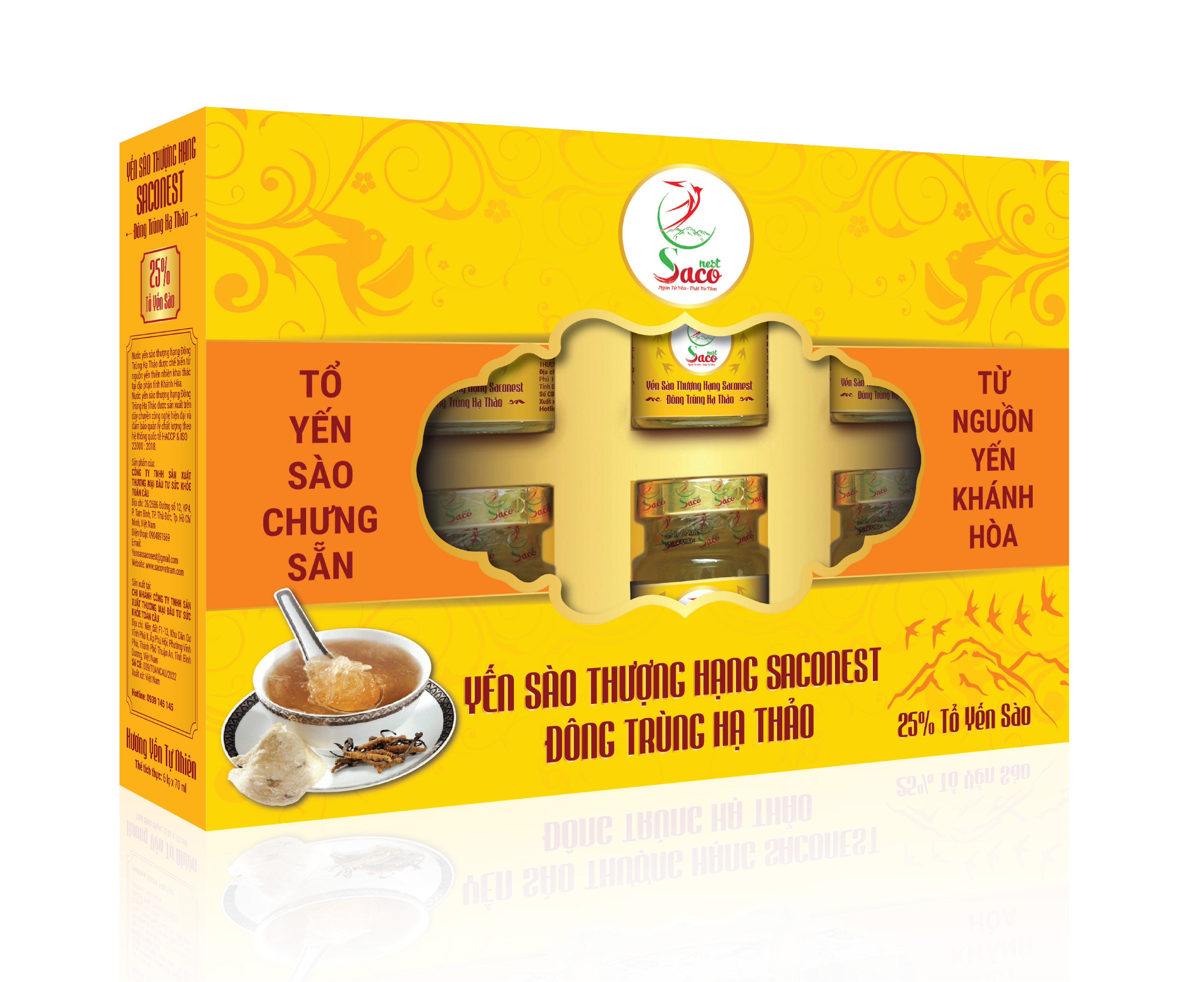 Yến Sào Thượng Hạng Saconest Đông Trùng Hạ Thảo Hộp Quà 6 lọ ( 25% Yến) Lọ 70ml - Bổ huyết, tăng sức đề kháng cho cơ thể, tăng cường sinh lực, chống lão hóa,tốt cho tim mạch