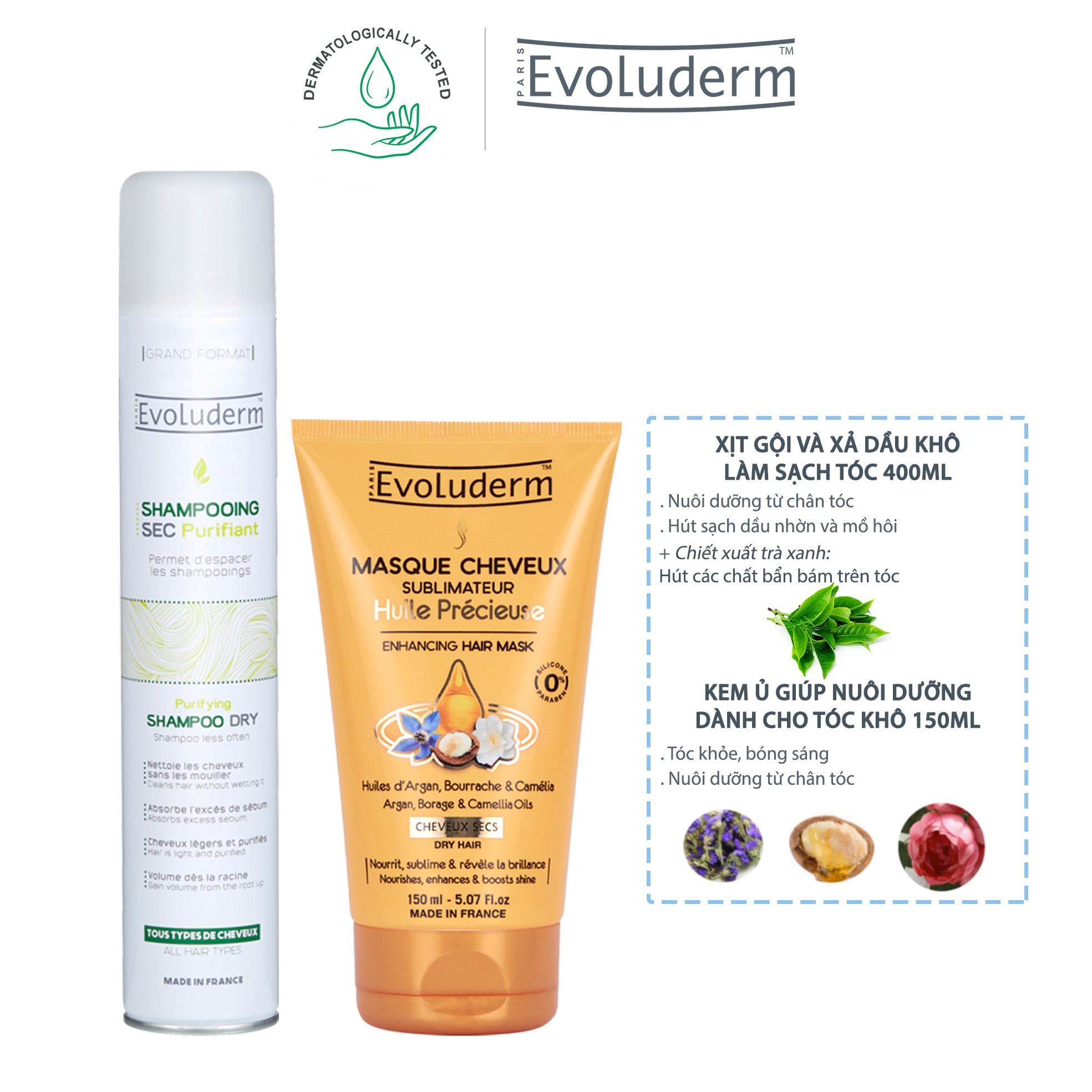 Combo xịt gội dầu khô Evoluderm 400ml  và kem ủ giúp nuôi dưỡng dành cho tóc khô Evoluderm 150ml