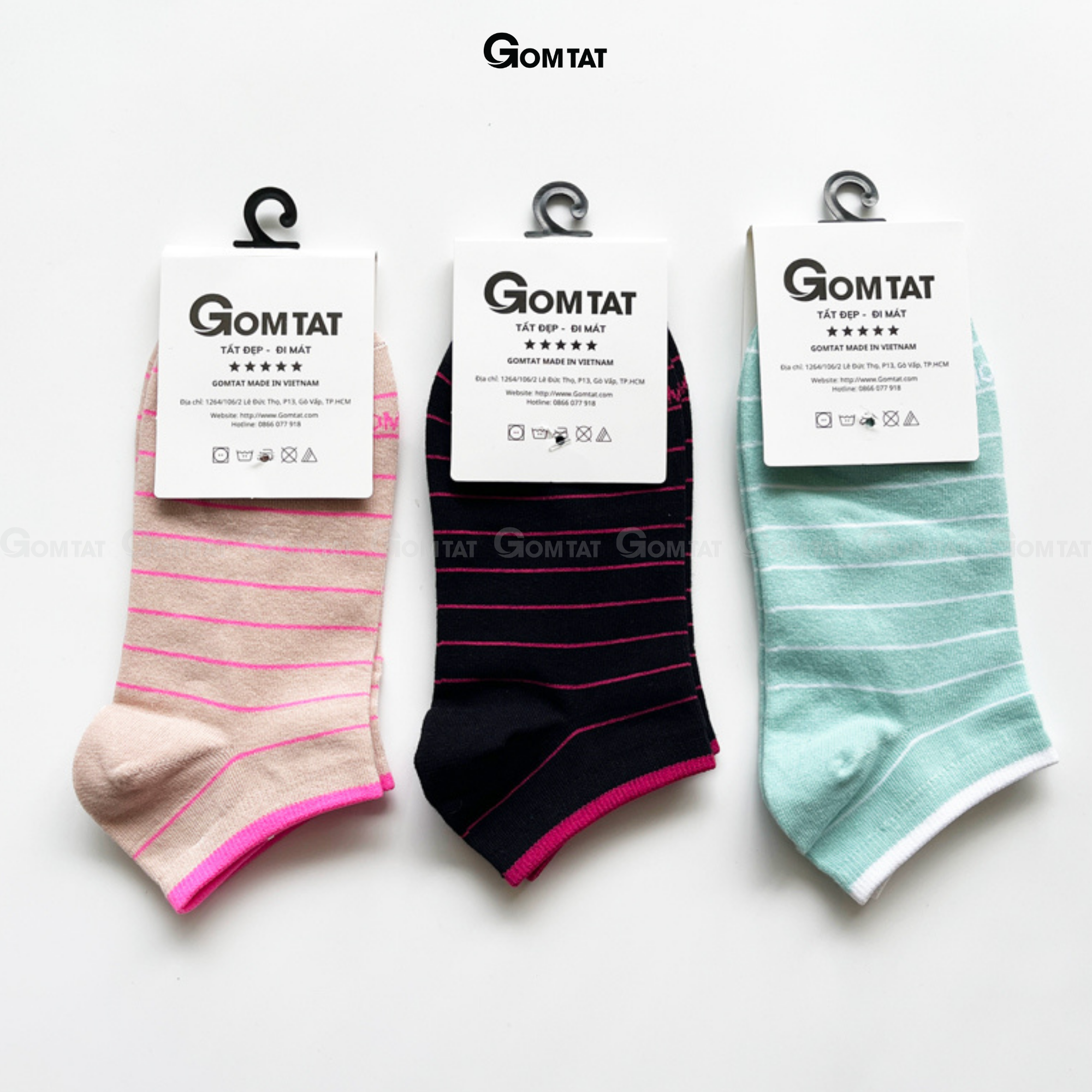 Tất Nữ cổ ngắn GOMTAT, Vớ Nữ họa tiết kẻ sọc với chất liệu cotton cao cấp - NUNGAN-VSTAR-501