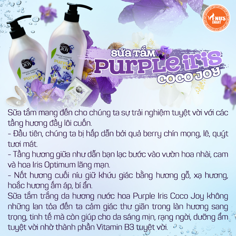 Sữa tắm trắng da hương nước hoa Cocojoy chiết xuất hoa Purple Iris và protein ngọc trai, dưỡng trắng, cấp ẩm, thơm lâu 6g, 500g, 900g