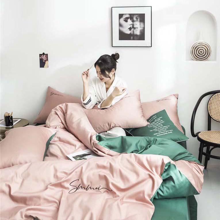 Bộ Chăn Ga Gối Lụa Tencel 60s Đơn Sắc LIDACO Cao Cấp - Hồng Phối Ga Xanh