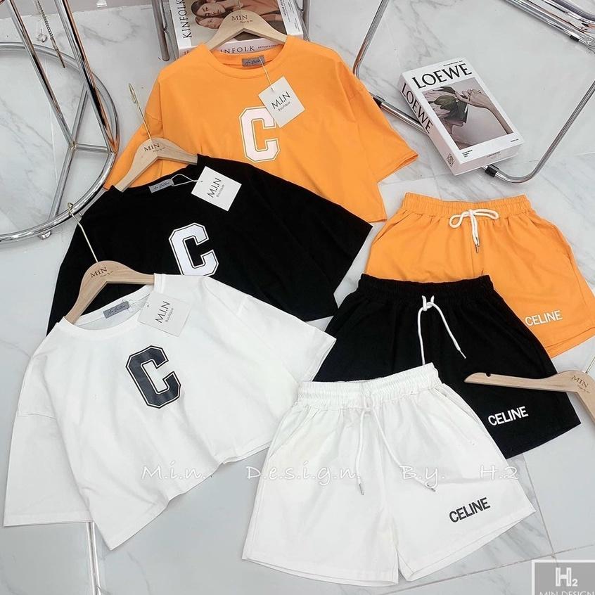 Set Quần Short + Áo Croptop CELINE Áo Croptop nữ dài tay cổ tròn, chất thun gân theo phong cách Retro Hàn Quốc