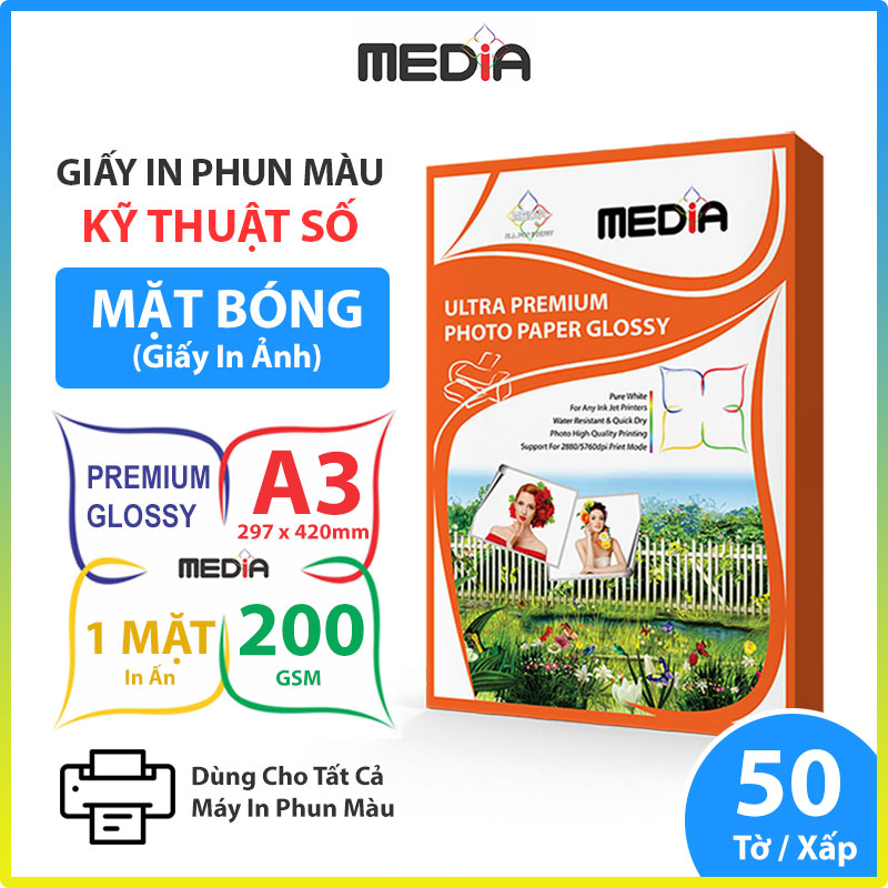 Giấy In Màu Kỹ Thuật Số MEDIA 1 Mặt Bóng (Glossy) Khổ A3 (297 x 420mm) Định Lượng 180/200/230gsm 50 Tờ, Dùng In Ảnh Màu &amp; Tài Liệu Màu - Hàng Chính Hãng