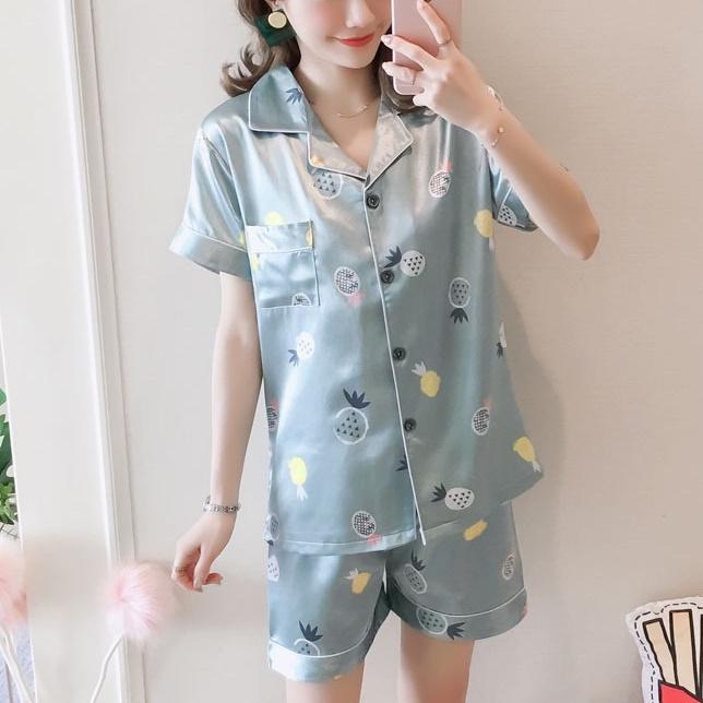 Bộ đồ Pijama lụa quả dứa mới đồ ngủ nữ mùa hè ngắn tay quần áo ở nhà